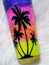 Load image into Gallery viewer, Summer Palm Trees Hand Painted Sunset Custom Stainless Steel Tumbler with a  Glitter Shimmer