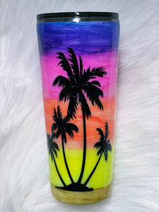 Summer Palm Trees Hand Painted Sunset Custom Stainless Steel Tumbler with a  Glitter Shimmer
