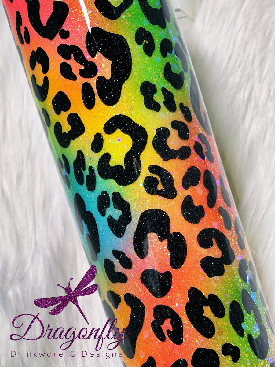 Neon glitter swirl leopard print stainless steel tumbler bong