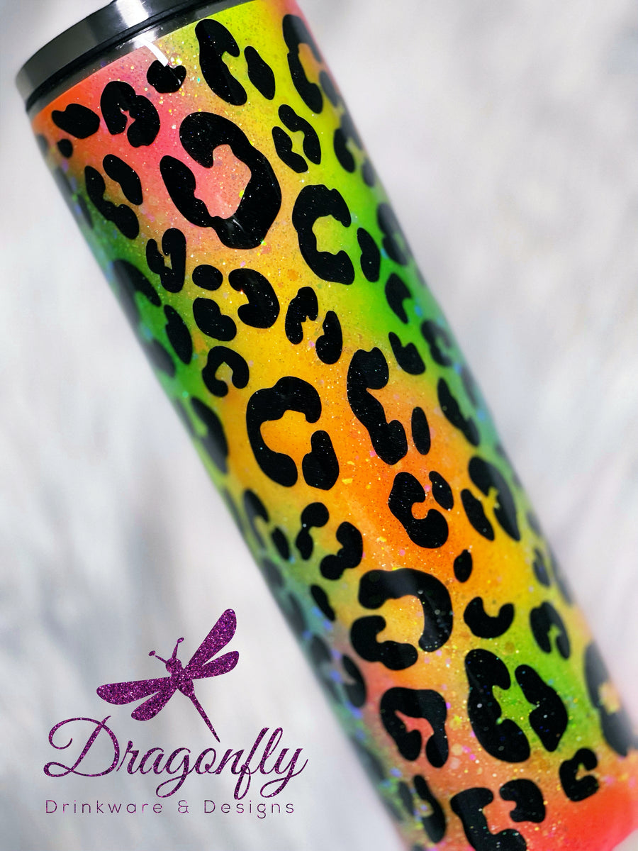 Neon glitter swirl leopard print stainless steel tumbler bong