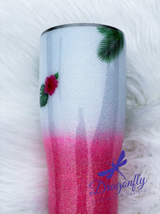 Pink Flamingo with Tropical Plants and Flowers Custom Glitter Tumbler Cup