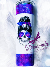 Load image into Gallery viewer, Galaxy Mom Life Skull Custom Glitter Tumbler with Hair Tie and Sunglasses