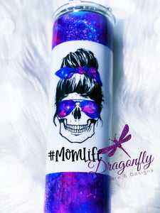 Galaxy Mom Life Skull Custom Glitter Tumbler with Hair Tie and Sunglasses