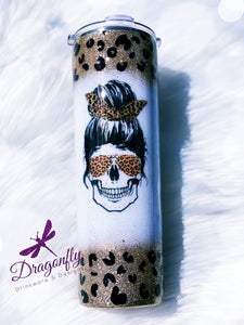 Leopard Print Skull with Hair Tie and Sunglasses Mom Life Custom Glitter Tumbler