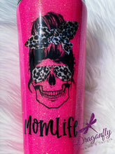 Load image into Gallery viewer, Hot Pink Leopard Print Mom Life Skull with Hair Tie and Sunglasses Custom Glitter Tumbler