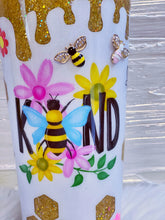 Load image into Gallery viewer, Bee Kind Custom Glitter Stainless Steel Tumbler with 3D Bees, Glitter Honey Drips, Glitter Honeycombs and Daisies