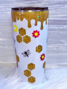 Bee Kind Custom Glitter Stainless Steel Tumbler with 3D Bees, Glitter Honey Drips, Glitter Honeycombs and Daisies