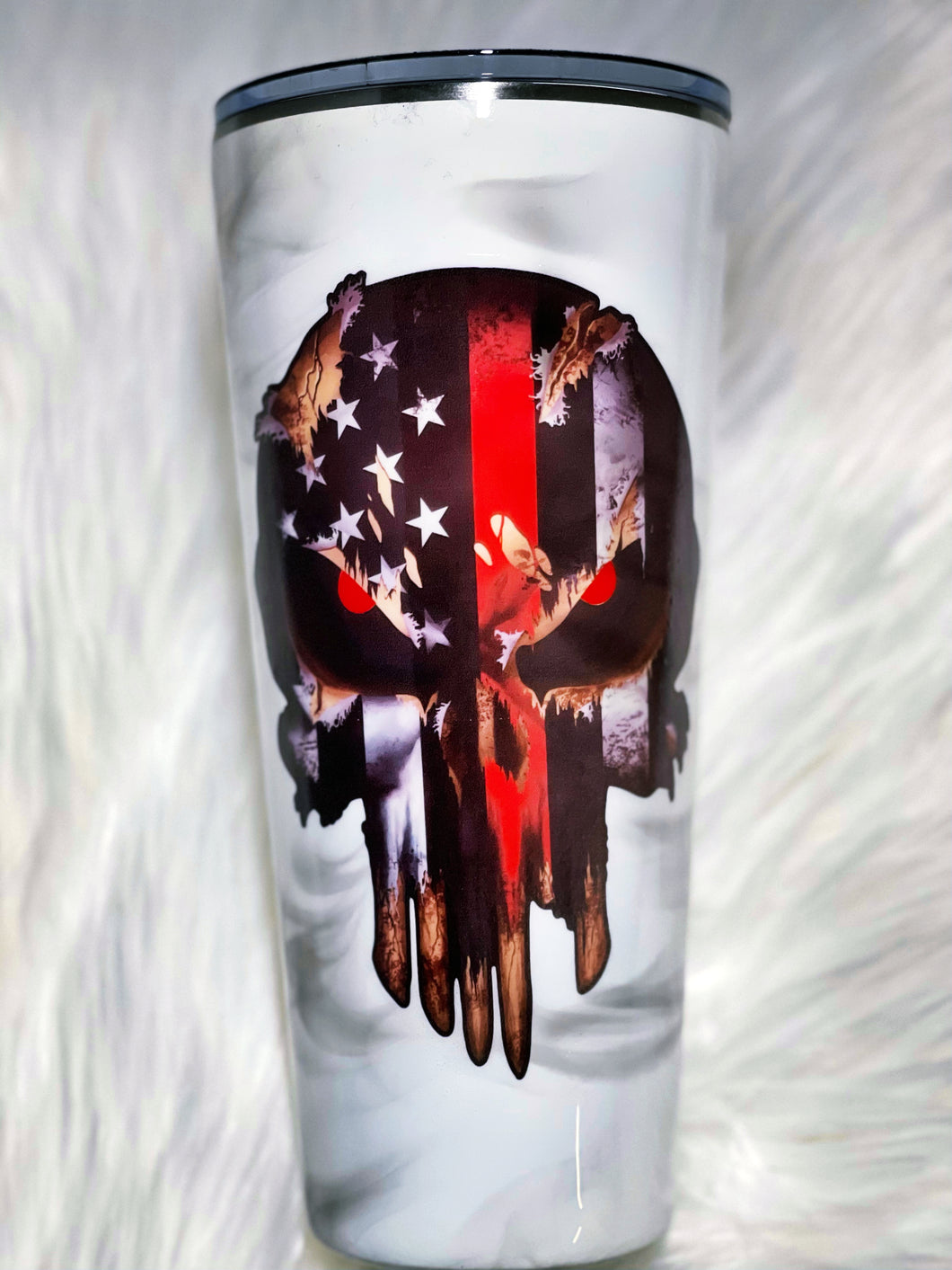The Punisher Skull American Flag Red Line Fireman with Smokey Background Custom Stainless Steel Tumbler Cup
