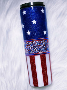 Stars and Stripes American Flag Red White and Blue 4th of July Custom Glitter Stainless Steel Tumbler