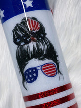 Load image into Gallery viewer, Patriotic Messy Bun Stars and Stripes Red White and Blue Custom Glitter Tumbler Cup