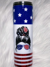 Load image into Gallery viewer, Patriotic Messy Bun Stars and Stripes Red White and Blue Custom Glitter Tumbler Cup