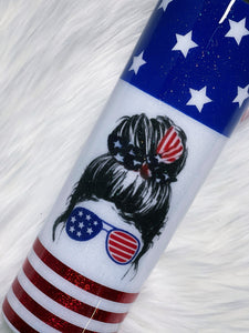 Patriotic Messy Bun Stars and Stripes Red White and Blue Custom Glitter Tumbler Cup