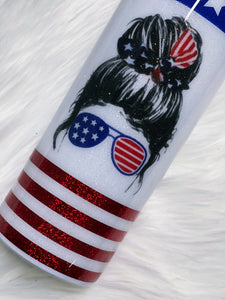 Patriotic Messy Bun Stars and Stripes Red White and Blue Custom Glitter Tumbler Cup