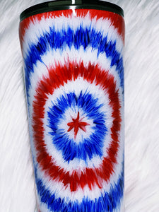 Hand Painted Red White and Blue Tie Dye American Flag 4th of July Custom Glitter Stainless Steel Tumbler