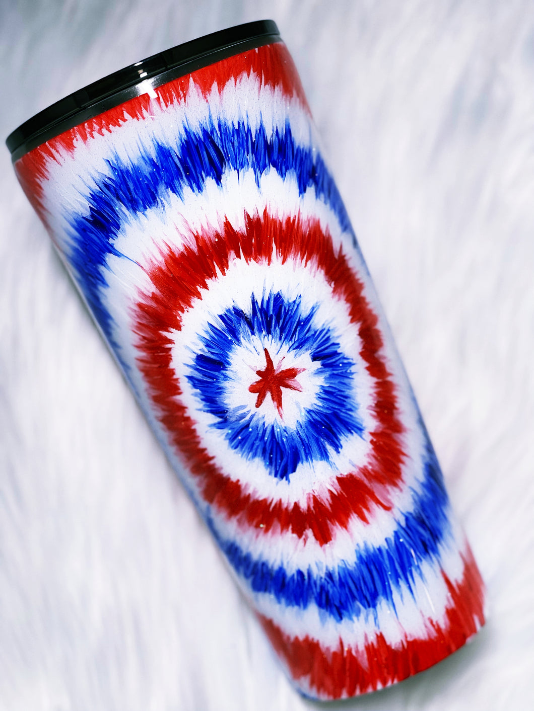 Hand Painted Red White and Blue Tie Dye American Flag 4th of July Custom Glitter Stainless Steel Tumbler