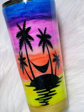 Load image into Gallery viewer, Summer Palm Trees and Hammock Hand Painted Sunset Custom Stainless Steel Tumbler with a  Glitter Shimmer