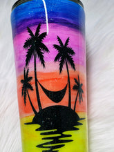 Load image into Gallery viewer, Summer Palm Trees and Hammock Hand Painted Sunset Custom Stainless Steel Tumbler with a  Glitter Shimmer