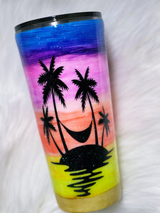 Summer Palm Trees and Hammock Hand Painted Sunset Custom Stainless Steel Tumbler with a  Glitter Shimmer