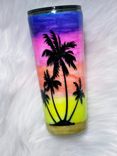 Load image into Gallery viewer, Summer Palm Trees Hand Painted Sunset Custom Stainless Steel Tumbler with a  Glitter Shimmer