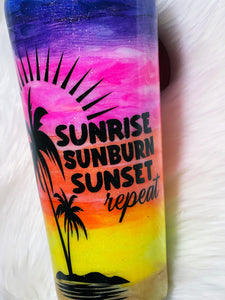 Sunrise Sunburn Sunset Repeat Custom Beach Hand Painted Glitter Stainless Steel Tumbler