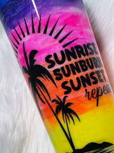 Load image into Gallery viewer, Sunrise Sunburn Sunset Repeat Custom Beach Hand Painted Glitter Stainless Steel Tumbler