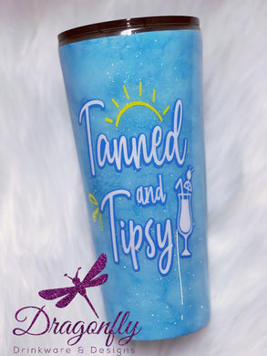 Tanned and Tipsy Watercolor Glitter Custom Stainless Steel Tumbler Beach Pool Ocean