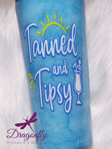 Tanned and Tipsy Watercolor Glitter Custom Stainless Steel Tumbler Beach Pool Ocean