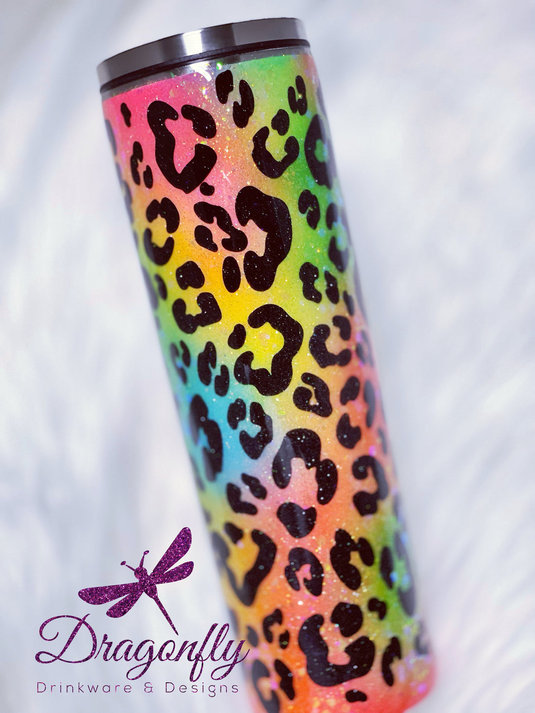Neon Rainbow Leopard Print Custom Glitter Stainless Steel Tumbler Cup | 90's Vibe |Lisa Frank Inspired