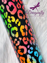 Load image into Gallery viewer, Neon Rainbow Leopard Print with Black Background Custom Glitter Stainless Steel Tumbler Cup | 90&#39;s Vibe | Lisa Frank Inspired