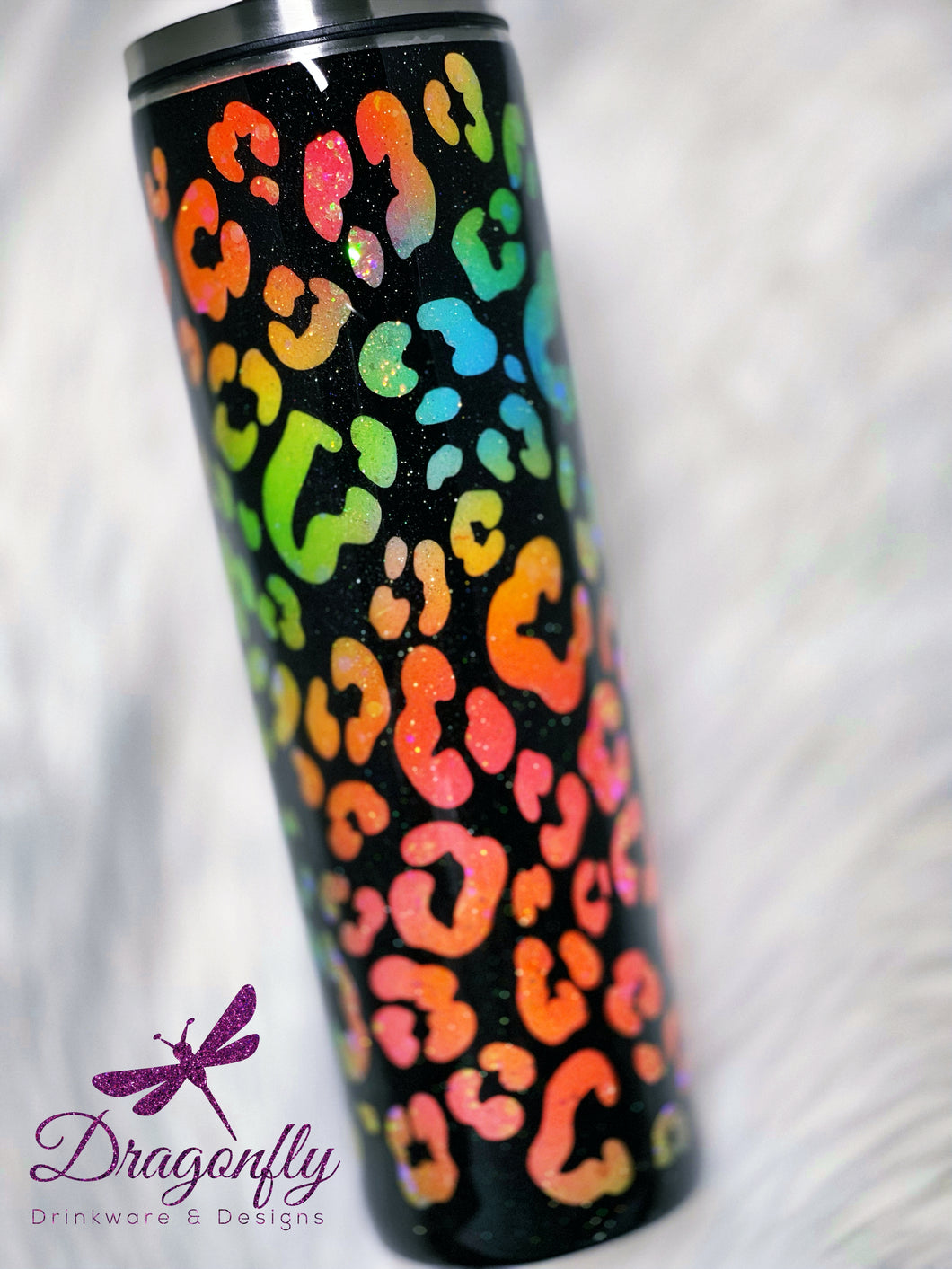 Neon Rainbow Leopard Print with Black Background Custom Glitter Stainless Steel Tumbler Cup | 90's Vibe | Lisa Frank Inspired
