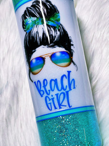 Beach Girl Messy Bun custom Glitter Tumbler | Messy Bun | Split Cup | Beach Hair Tie | Beach Sunglasses