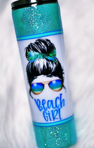 Beach Girl Messy Bun custom Glitter Tumbler | Messy Bun | Split Cup | Beach Hair Tie | Beach Sunglasses
