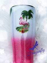 Load image into Gallery viewer, Pink Flamingo with Tropical Plants and Flowers Custom Glitter Tumbler Cup