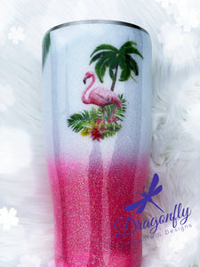 Pink Flamingo with Tropical Plants and Flowers Custom Glitter Tumbler Cup