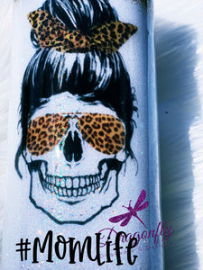 Leopard Print Skull with Hair Tie and Sunglasses Mom Life Custom Glitter Tumbler