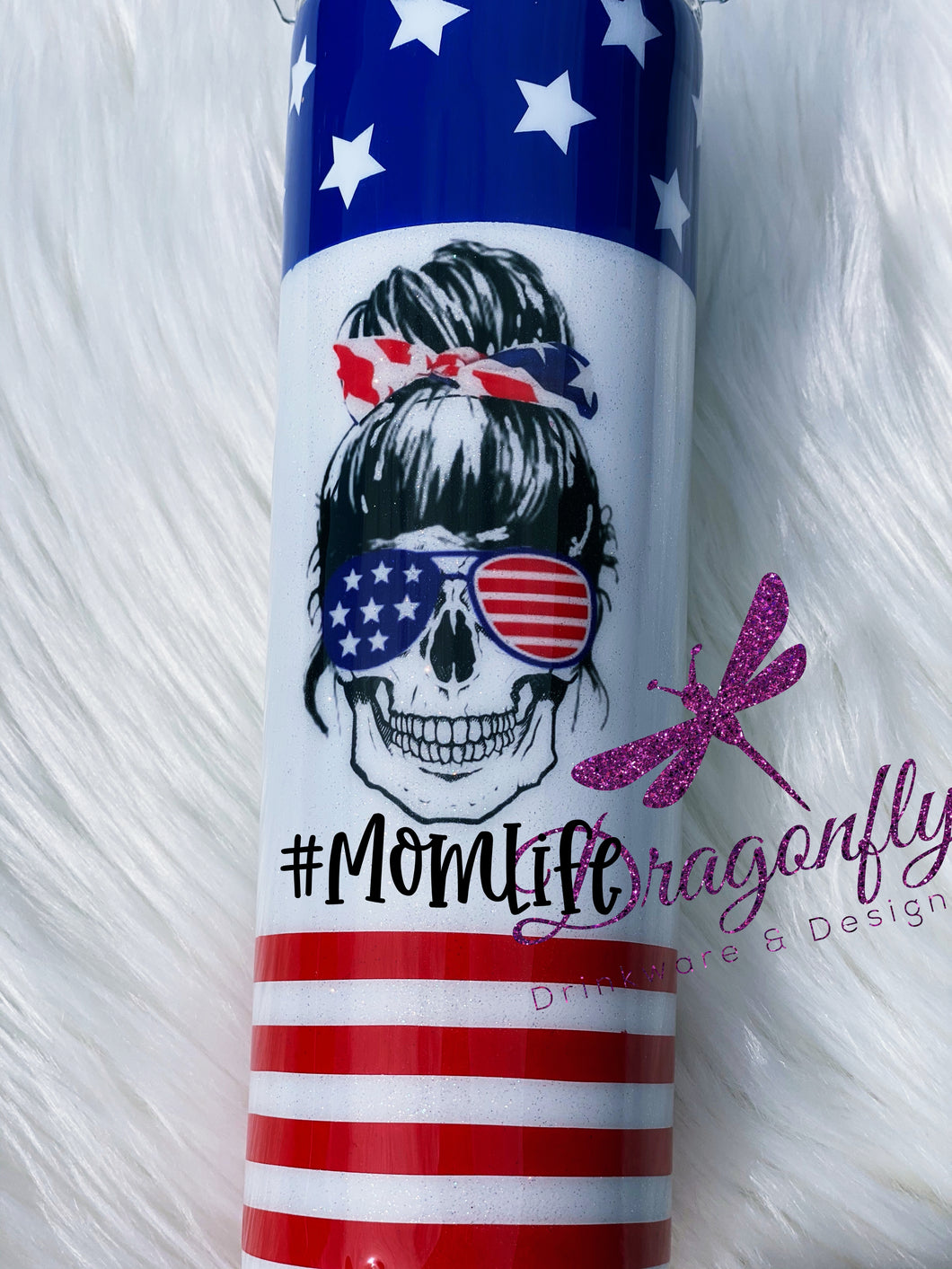 Stars and Stripes Patriotic Mom Life Skull with Sunglasses and Hair Tie Custom Glitter Tumbler