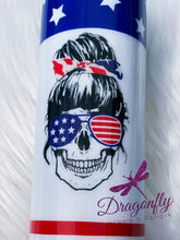 Load image into Gallery viewer, Stars and Stripes Patriotic Mom Life Skull with Sunglasses and Hair Tie Custom Glitter Tumbler