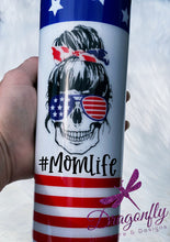 Load image into Gallery viewer, Stars and Stripes Patriotic Mom Life Skull with Sunglasses and Hair Tie Custom Glitter Tumbler