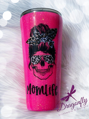 Hot Pink Leopard Print Mom Life Skull with Hair Tie and Sunglasses Custom Glitter Tumbler