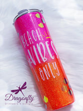 Load image into Gallery viewer, Beach Vibes Only Neon Glitter with Mermaid Scales Stainless Steel Tumbler Cup Summer Beach Sunset Sunrise