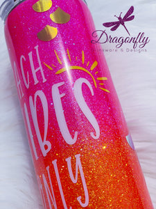Beach Vibes Only Neon Glitter with Mermaid Scales Stainless Steel Tumbler Cup Summer Beach Sunset Sunrise