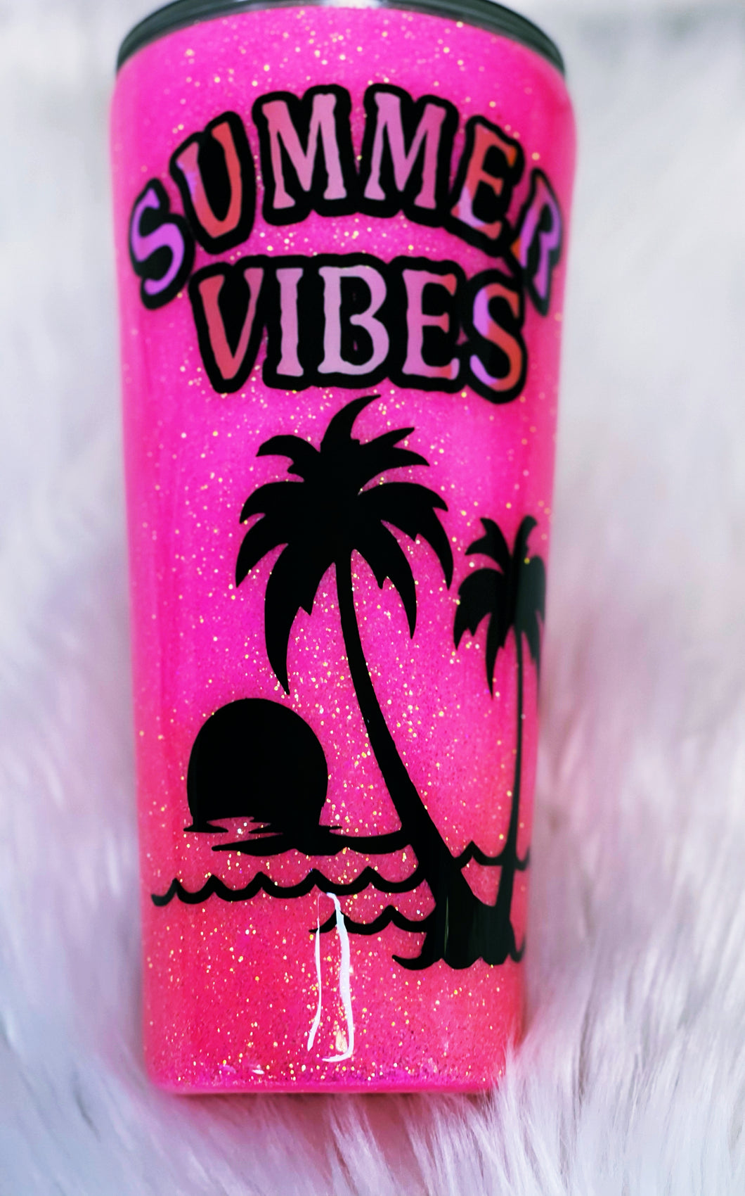 Summer Vibes Neon Glitter Stainless Steel Tumbler Cup Palm Trees Beach Sunset Sunrise