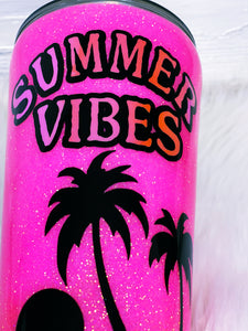 Summer Vibes Neon Glitter Stainless Steel Tumbler Cup Palm Trees Beach Sunset Sunrise