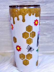 Bee Kind Custom Glitter Stainless Steel Tumbler with 3D Bees, Glitter Honey Drips, Glitter Honeycombs and Daisies