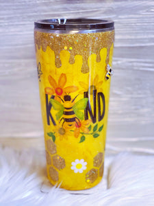 BEE Kind Custom Glitter Tumbler with 3D Crystal Bee, Glitter Honey Drips and Honeycombs