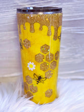 Load image into Gallery viewer, BEE Kind Custom Glitter Tumbler with 3D Crystal Bee, Glitter Honey Drips and Honeycombs