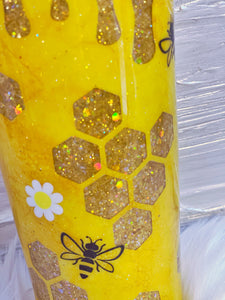 BEE Kind Custom Glitter Tumbler with 3D Crystal Bee, Glitter Honey Drips and Honeycombs