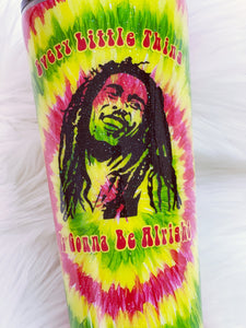 Hand Painted Tie Dye Bob Marley Every Little Thing Is Gonna Be Alright Custom Glitter Tumbler
