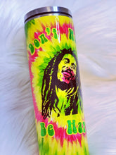 Load image into Gallery viewer, Hand Painted Tie Dye Bob Marley Don&#39;t Worry Be Happy Custom Glitter Tumbler