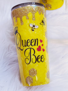 Queen Bee Custom Glitter Tumbler with 3D Crystal Bee, Glitter Honey Drips and Honeycombs